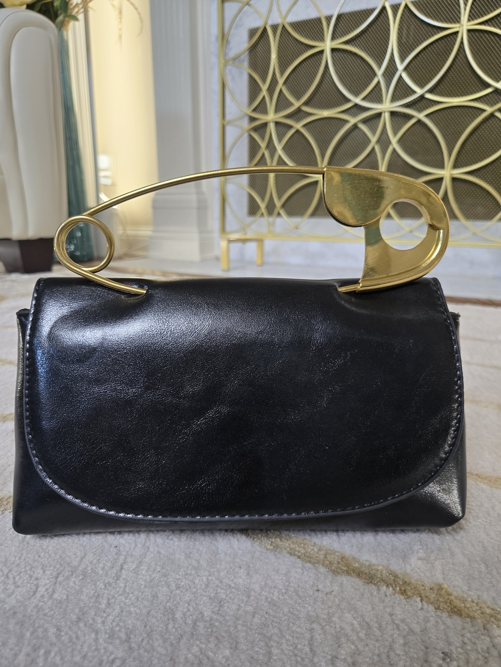 Black Faux Leather Clutch with Gold Safety-Pin Handle